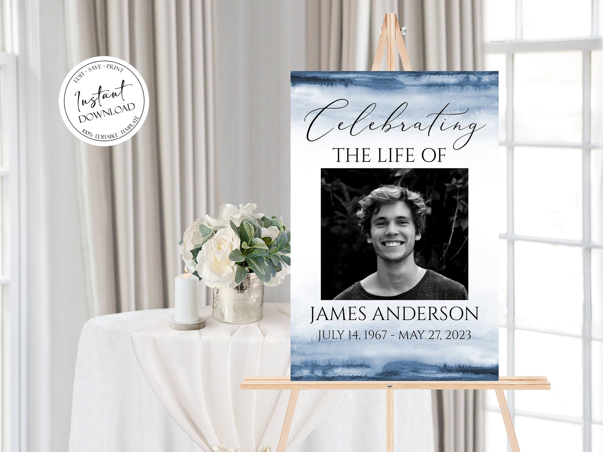 Celebration Of Life Blue Watercolor Baby Funeral Welcome Sign, Ocean Blue Funeral Welcome Sign, Boy Funeral Poster, Child Memorial Sign B4