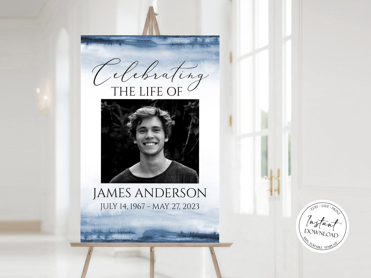 Celebration Of Life Blue Watercolor Baby Funeral Welcome Sign, Ocean Blue Funeral Welcome Sign, Boy Funeral Poster, Child Memorial Sign B4