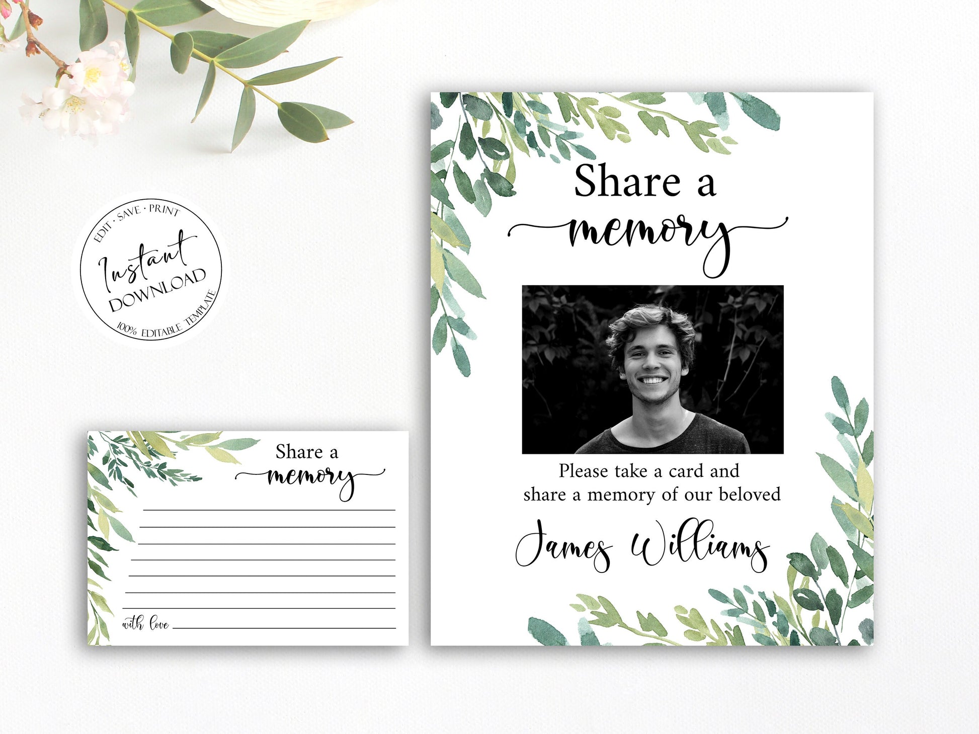 Watercolor Greenery Share a Memory Funeral Sign Share a Memory Card Template, Share a Memory Cards, Greenery Funeral Memory Cards, Funeral Share a Memory Cards, Greenery Memorial G2