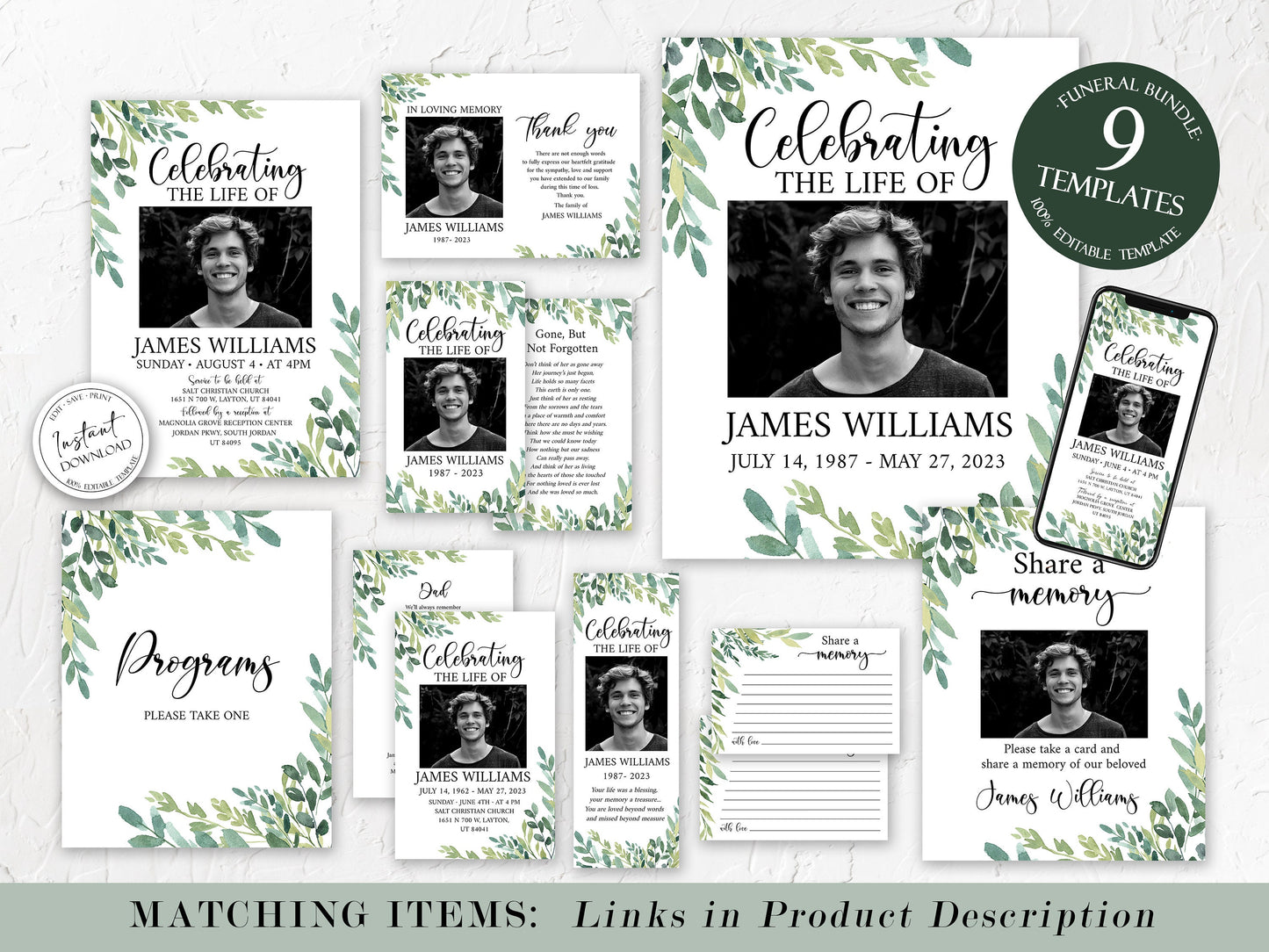 Celebration of life Watercolor Greenery Funeral Invitation Template, Funeral Announcement, Funeral Cards Template, Printable Greenery Memorial Invitation G2