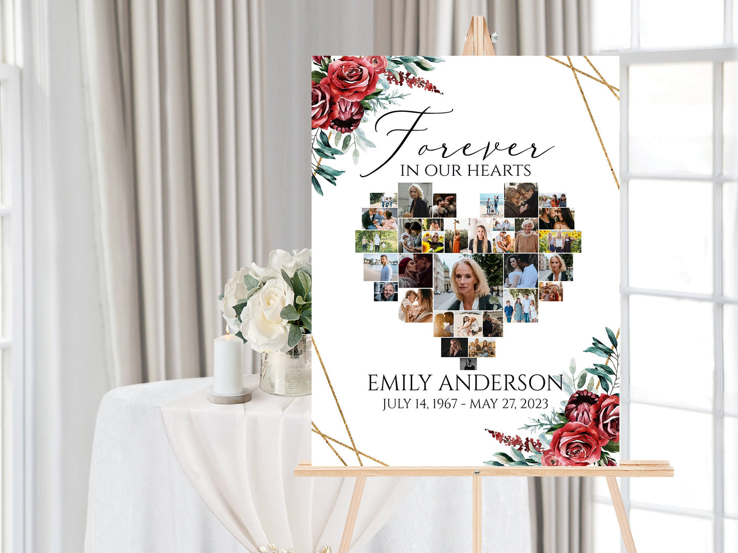 Celebration Of Life Heart Funeral Welcome Sign, Burgundy Funeral Photo Collage Poster Red Roses Heart Memorial Sign Forever in our Hearts R2