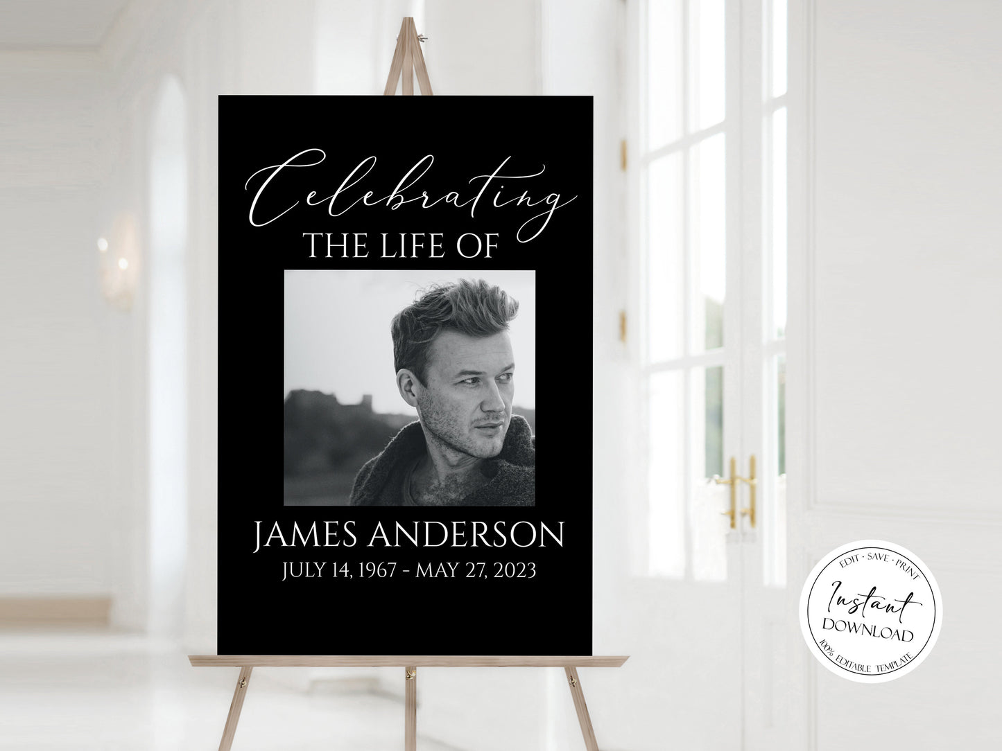 Celebration Of Life Minimalist Elegant Black Funeral Welcome Sign Template, In Loving Memory Welcome Sign, Black Memorial Sign, Black Funeral Poster B7