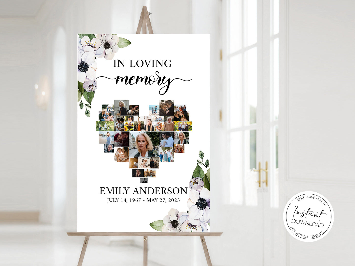 Forever in our Hearts Purple Floral Greenery Heart Photo Collage Funeral Welcome Sign Template, Editable Purple Floral Hearts Memorial Photo Collage Poster 