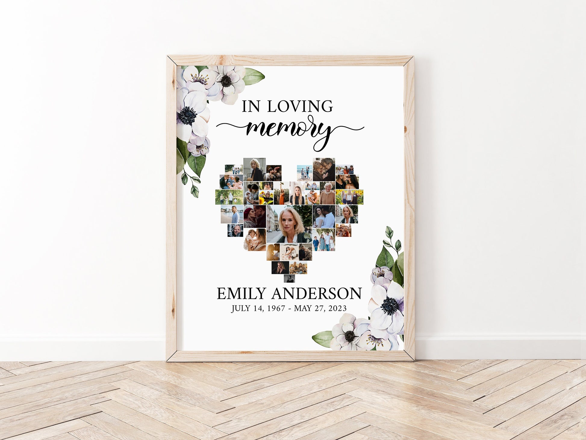 Forever in our Hearts Purple Floral Greenery Heart Photo Collage Funeral Welcome Sign Template, Editable Purple Floral Hearts Memorial Photo Collage Poster 