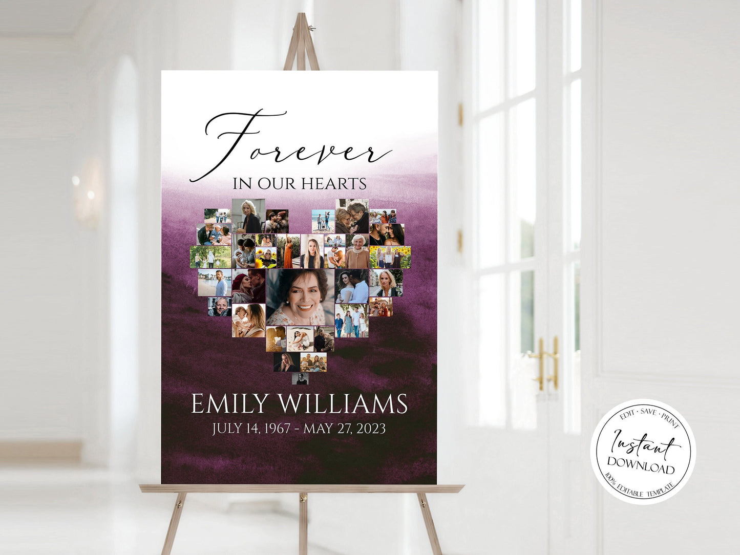 Forever in our Hearts Pink Fuchsia Watercolor Heart Photo Collage Funeral Welcome Sign Template, Editable Heart Funeral Photo Collage Poster, Purple Memorial Sign