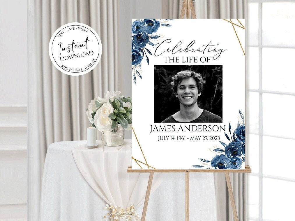 Celebration Of Life Royal Blue Flowers Gold Funeral Welcome Sign Template, In Loving Memory Sign, Royal Blue Floral Memorial Sign, Funeral Welcome Sign B2