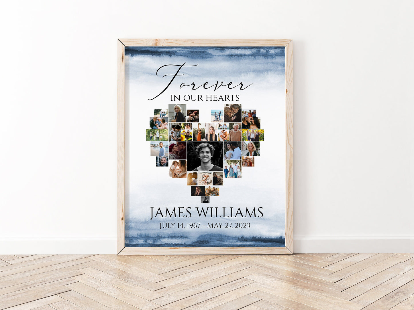 Blue Watercolor Heart Funeral Welcome Sign, Editable Heart Funeral Photo Collage Poster, Blue Memorial Sign, Forever in our Hearts B4