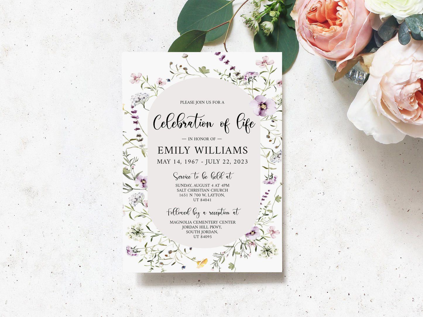 Celebration of life Invitation, Garden Flower Funeral Invitation, Wildflower Funeral Announcement, Wildflower Memorial Service Invite Meadow Funeral Invitation