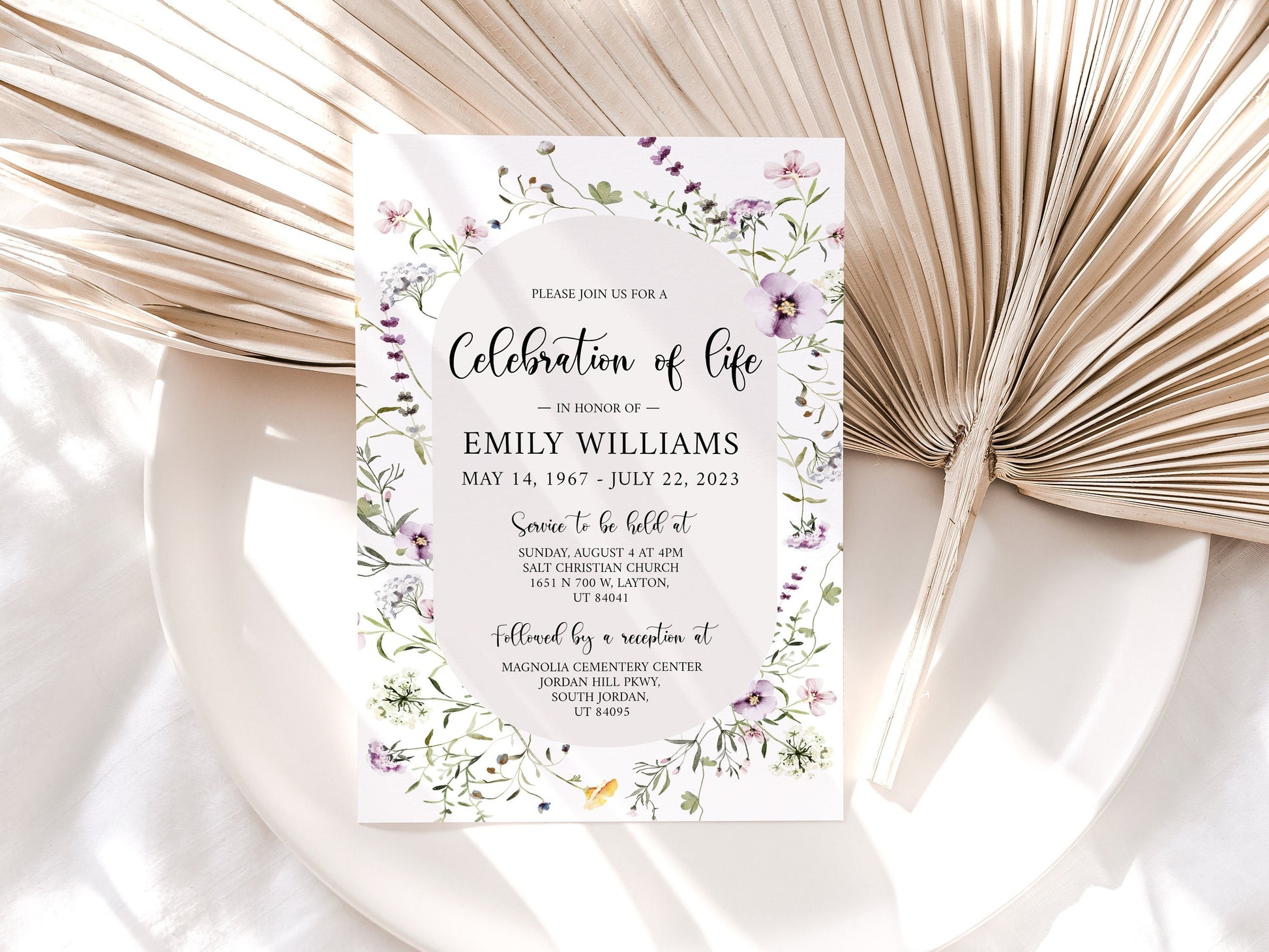 Celebration of life Invitation, Garden Flower Funeral Invitation, Wildflower Funeral Announcement, Wildflower Memorial Service Invite Meadow Funeral Invitation