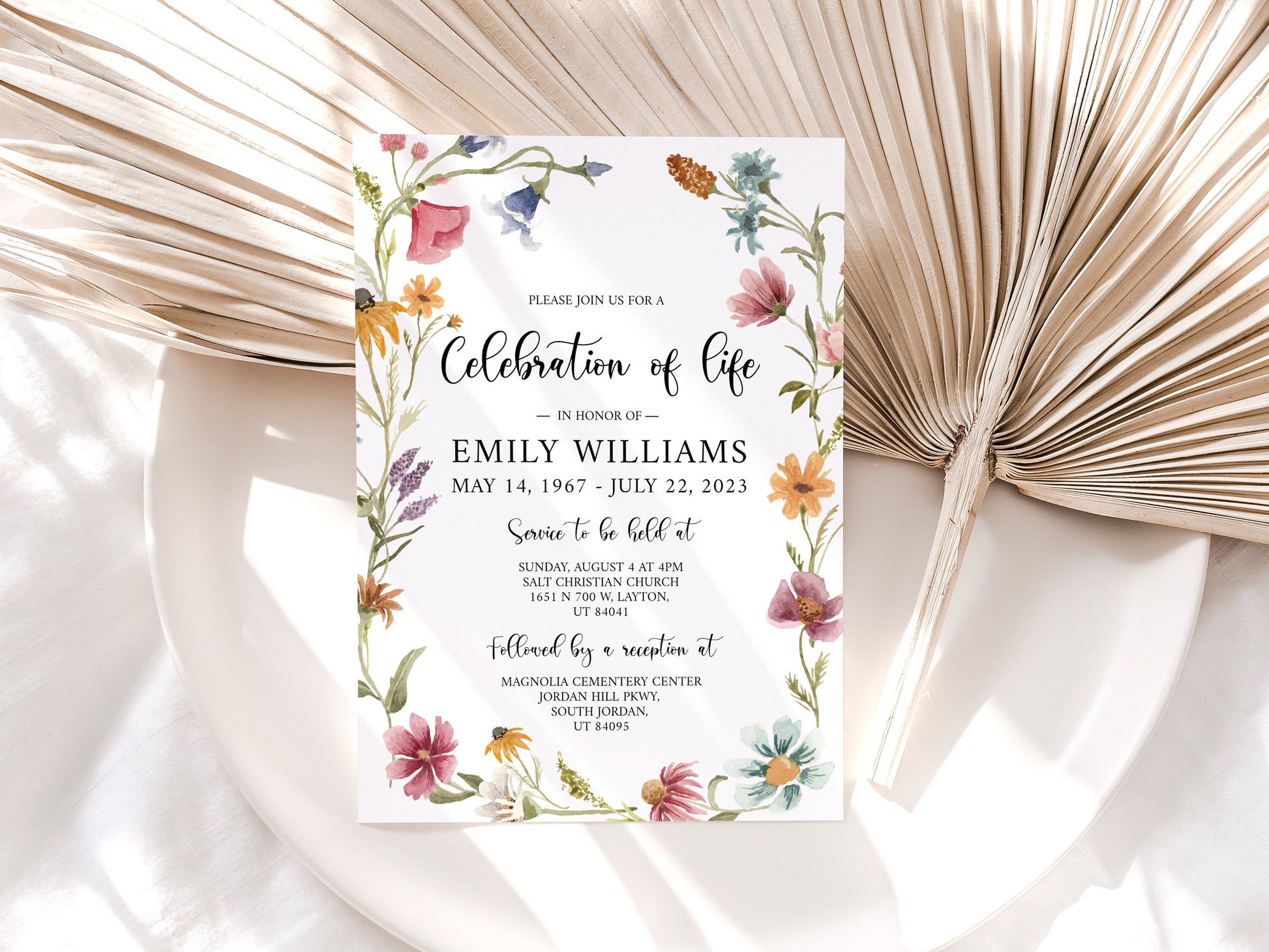 Celebration of life Red Greenery Wildflower Meadow Funeral Invitation Template, Wildflower Funeral Announcement, Printable Wildflower Memorial Invite