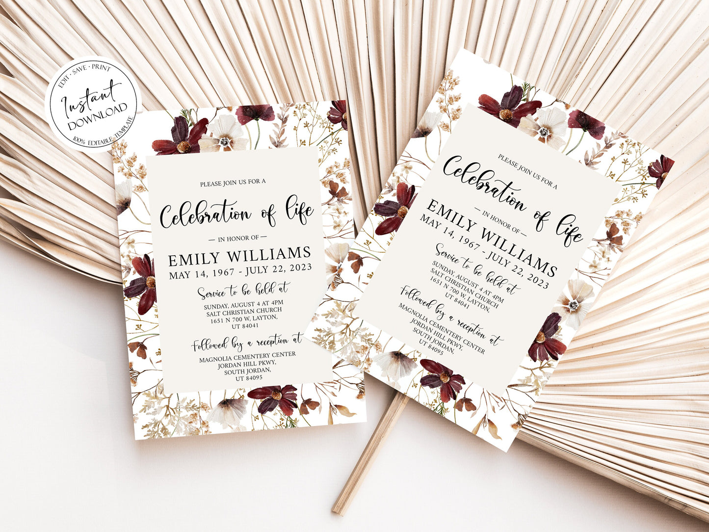 Celebration of life Wildflower Red Dried Flowers Funeral Invitation Template, Wildflower Funeral Announcement, Wildflower Memorial Service Invite Meadow Funeral Invitation