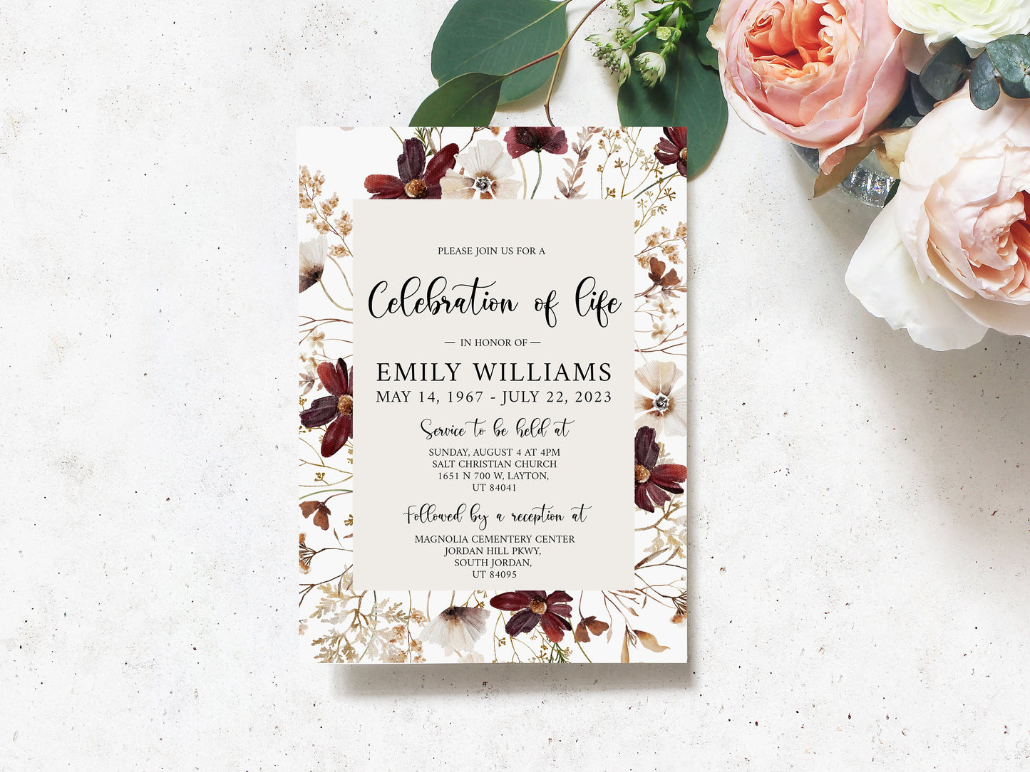 Celebration of life Wildflower Red Dried Flowers Funeral Invitation Template, Wildflower Funeral Announcement, Wildflower Memorial Service Invite Meadow Funeral Invitation