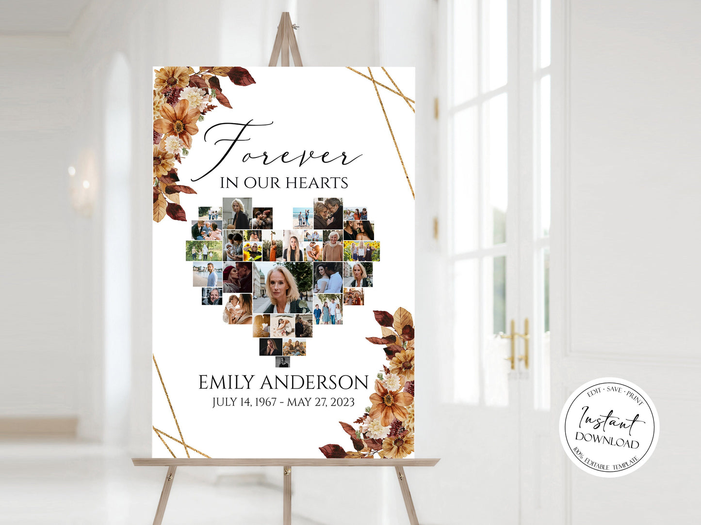 Forever in our Hearts Orange Brown Dried Leaves Fall Heart Photo Collage Funeral Welcome Sign Template, Autumn Hearts Memorial Photo Collage Poster