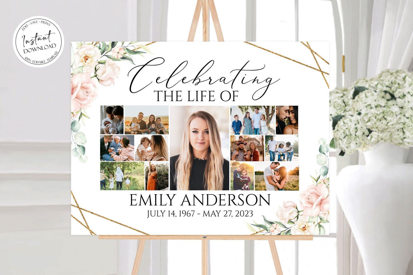 Celebration Of Life Multiple Photos Funeral Welcome Sign Blush Pink Photo Collage Funeral Poster Pink Roses Collage Memorial Service Sign P4