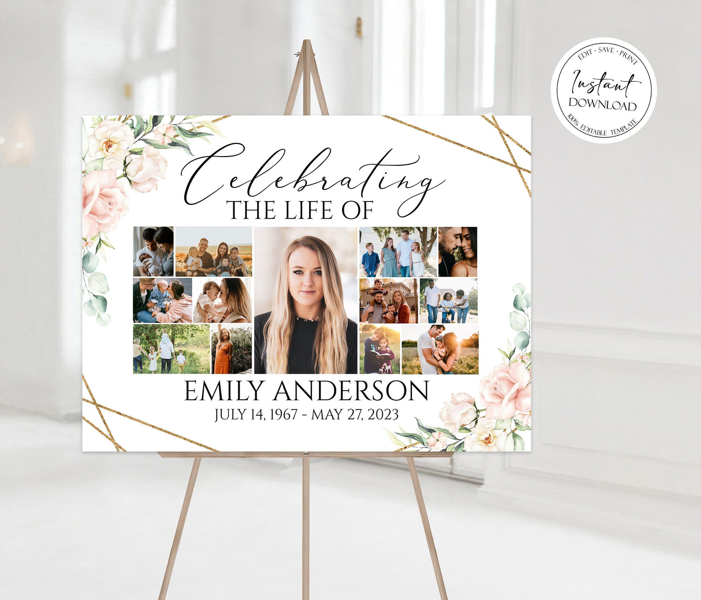 Celebration Of Life Multiple Photos Funeral Welcome Sign Blush Pink Photo Collage Funeral Poster Pink Roses Collage Memorial Service Sign P4