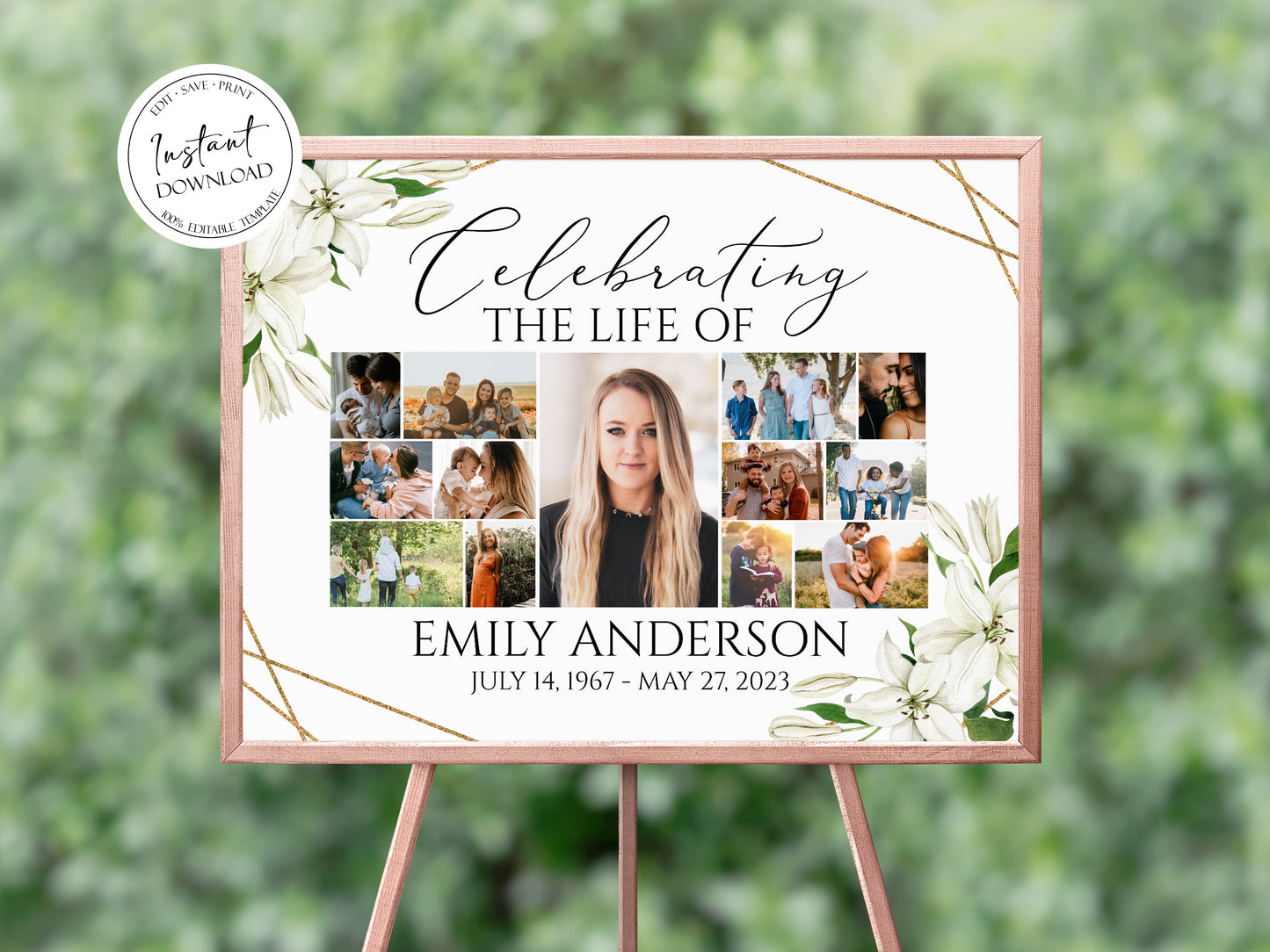 Celebration Of Life White Lilies Greenery Gold Photo Collage Funeral Welcome Sign Template WL1