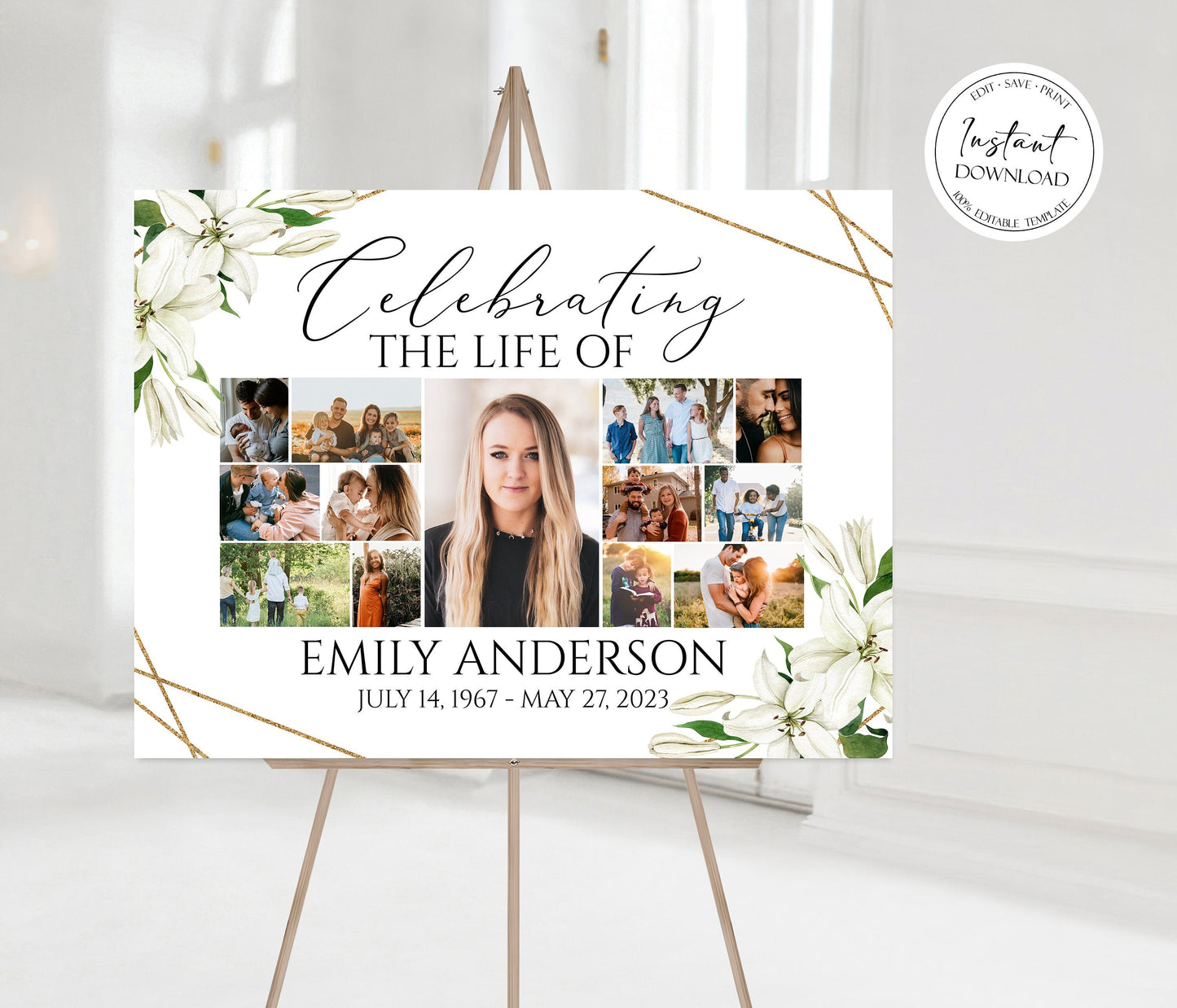 Celebration Of Life White Lilies Greenery Gold Photo Collage Funeral Welcome Sign Template WL1