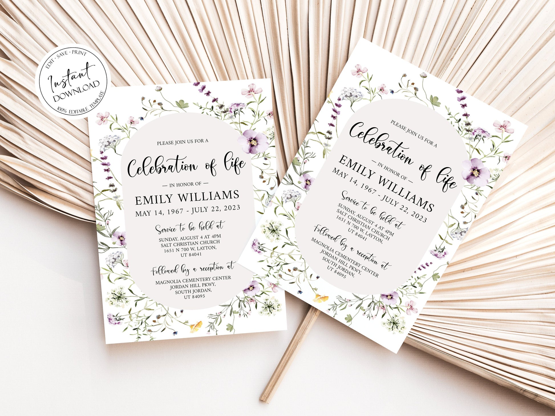 Celebration of life Invitation, Garden Flower Funeral Invitation, Wildflower Funeral Announcement, Wildflower Memorial Service Invite Meadow Funeral Invitation