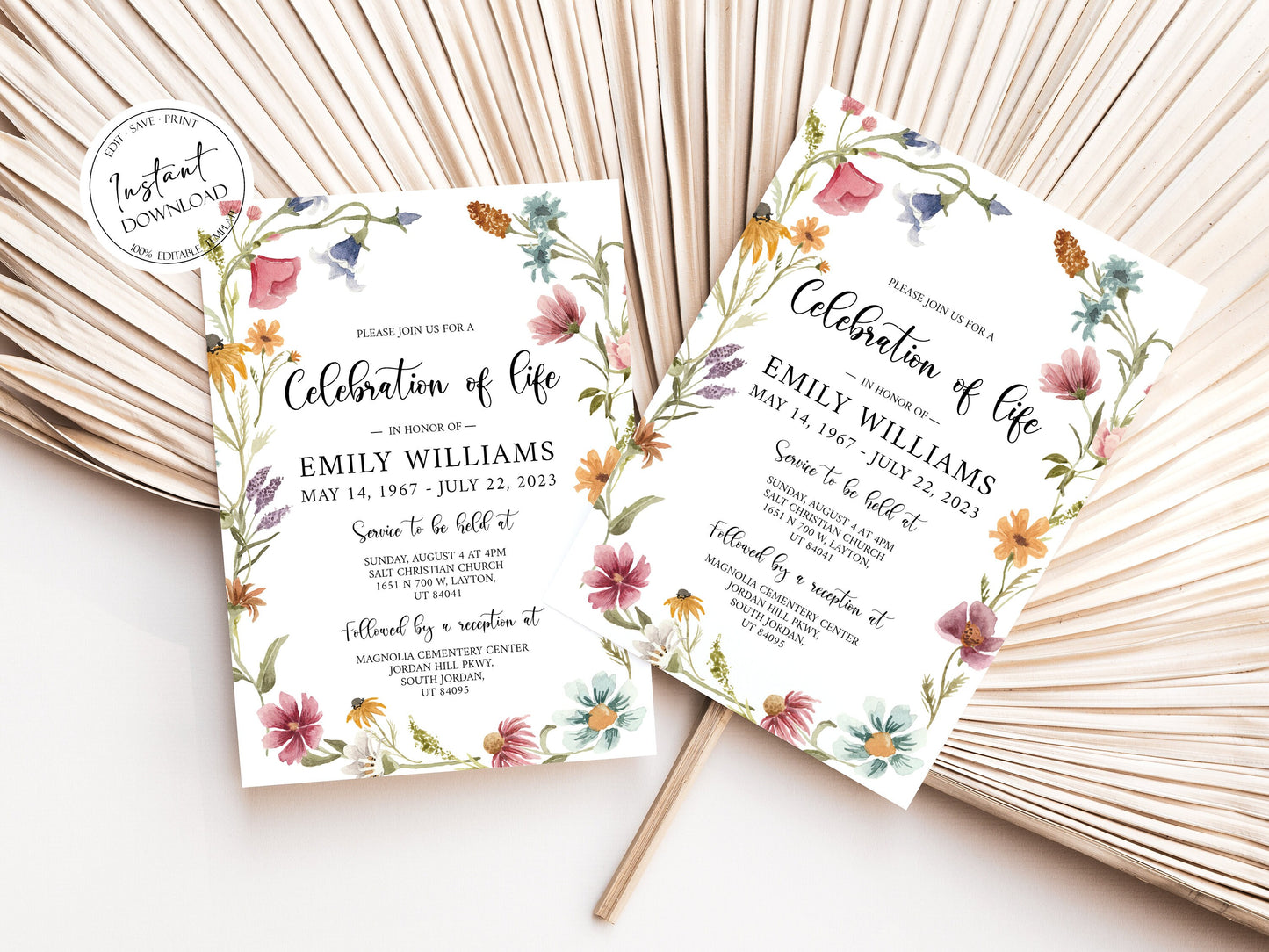 Celebration of life Red Greenery Wildflower Meadow Funeral Invitation Template, Wildflower Funeral Announcement, Printable Wildflower Memorial Invite