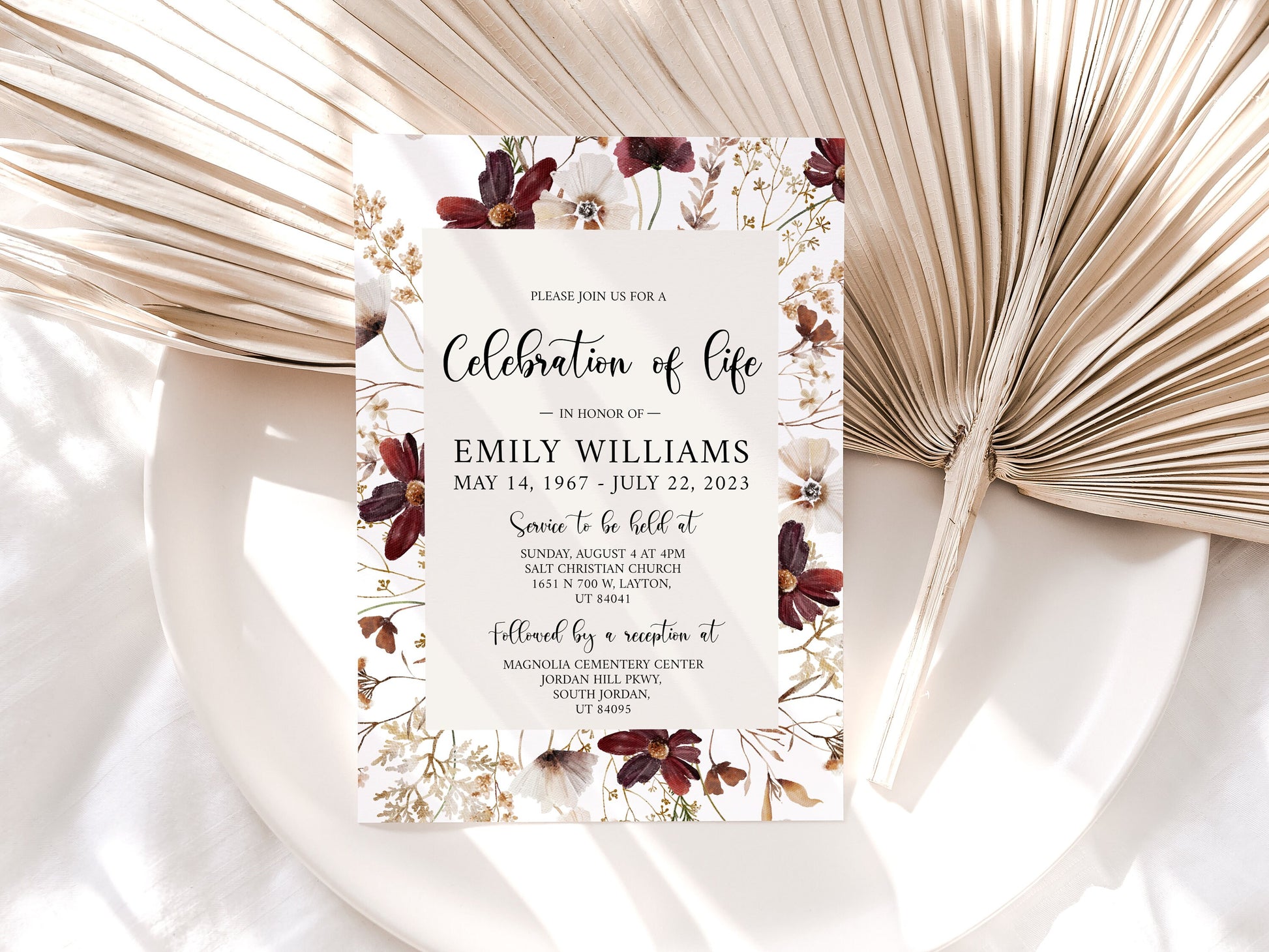 Celebration of life Wildflower Red Dried Flowers Funeral Invitation Template, Wildflower Funeral Announcement, Wildflower Memorial Service Invite Meadow Funeral Invitation