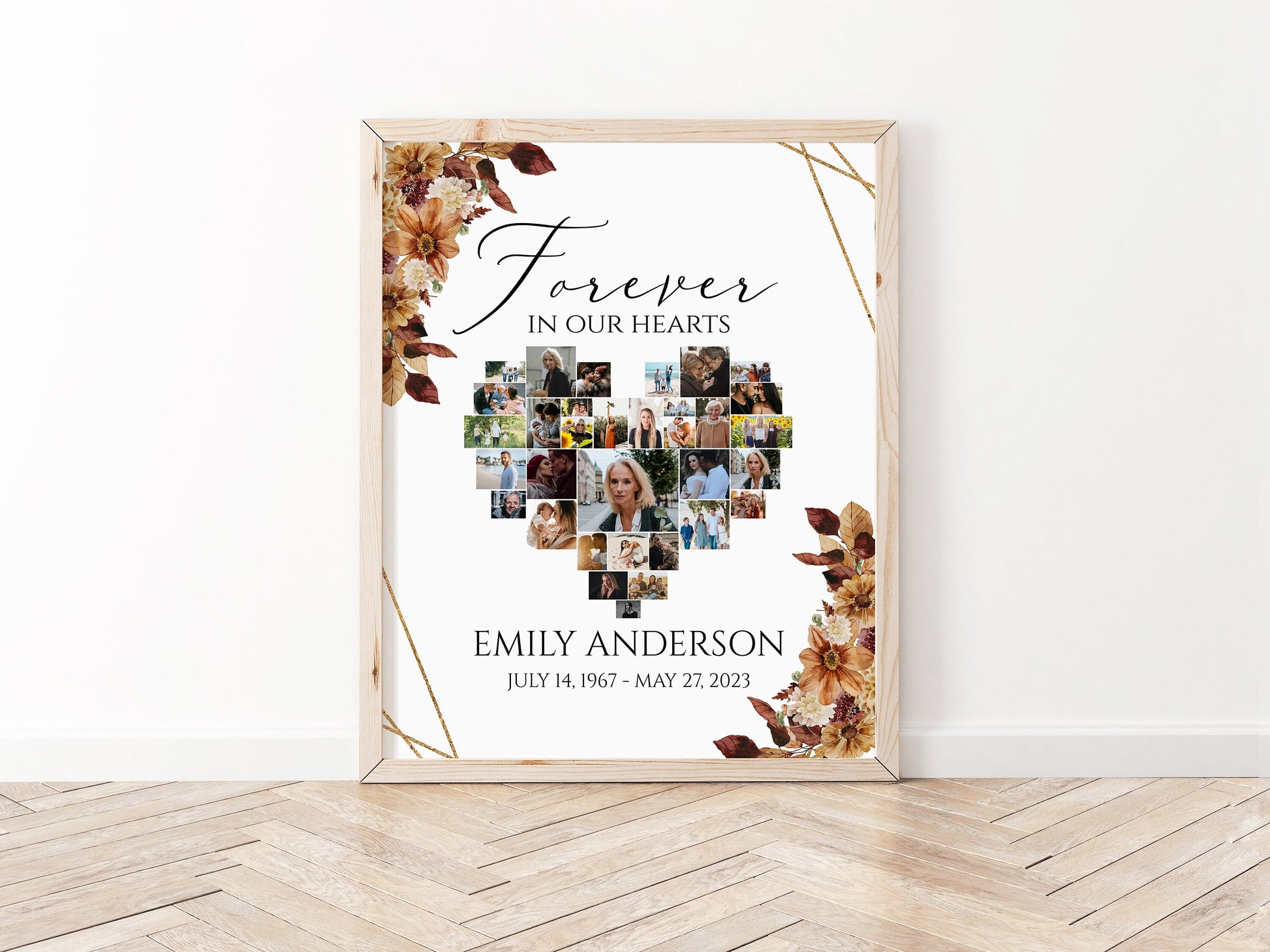 Forever in our Hearts Orange Brown Dried Leaves Fall Heart Photo Collage Funeral Welcome Sign Template, Autumn Hearts Memorial Photo Collage Poster