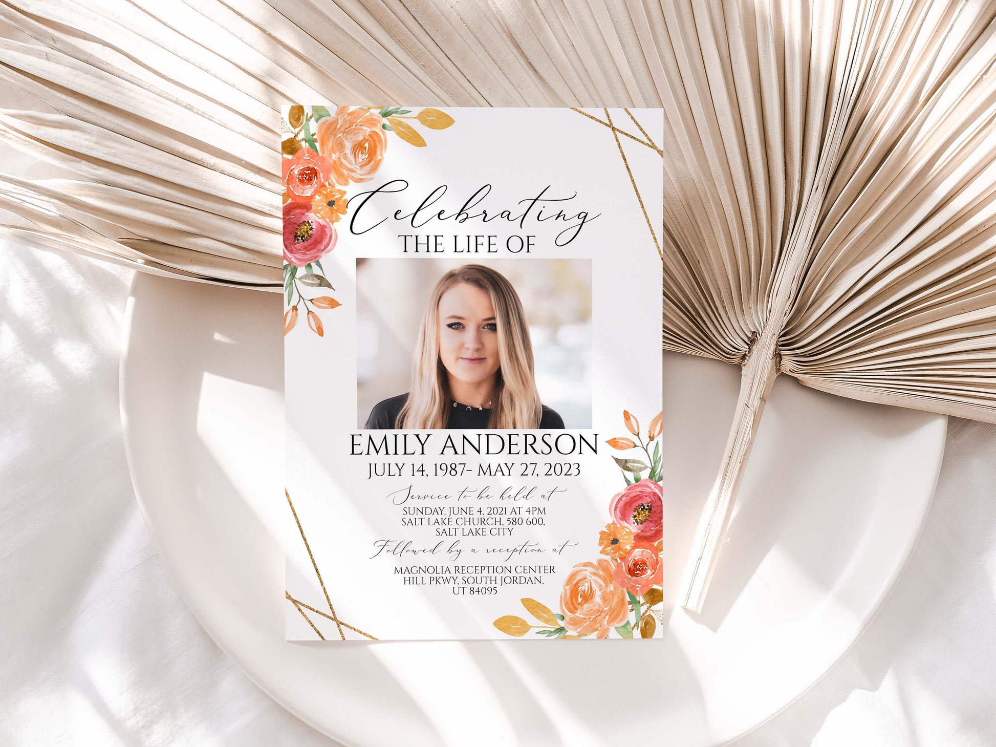 Celebration of life Orange Floral Gold Fall Funeral Invitation Template, Autumn Funeral Announcement Card, Printable Orange Memorial Service Invite