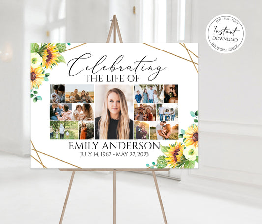 Celebration Of Life Sunflower Photo Collage Funeral Welcome Sign Template, Sunflower Photo Collage Funeral Poster, Sunflower Photo Collage Memorial Sign