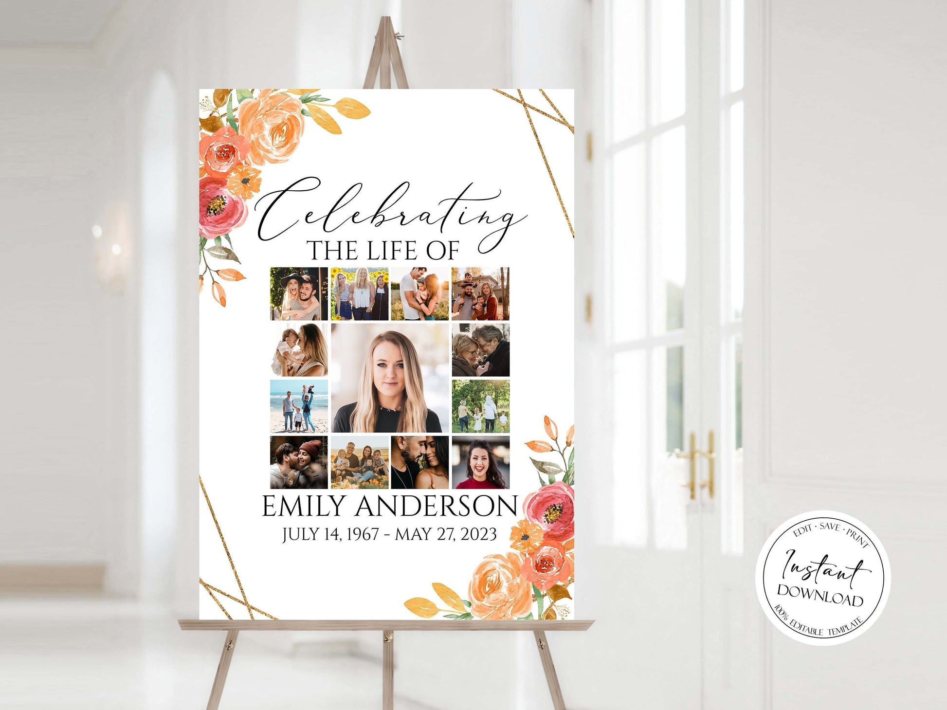 Celebration Of Life Orange Floral Gold Fall Photo Collage Funeral Welcome Sign Template, Fall Photo Collage Funeral Poster, Autumn Photo Collage Memorial Sign 