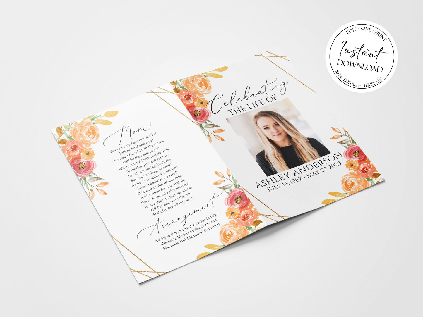 Celebration of life Orange Floral Fall Funeral Program Template, Fall Funeral Program Template, Autumn Memorial Program, Orange Obituary Funeral Mass Program