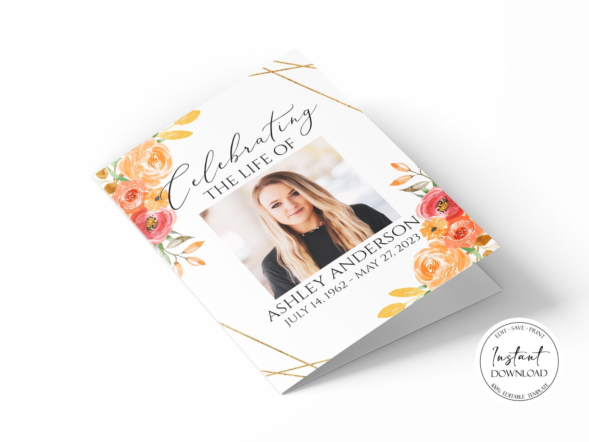 Celebration of life Orange Floral Fall Funeral Program Template, Fall Funeral Program Template, Autumn Memorial Program, Orange Obituary Funeral Mass Program