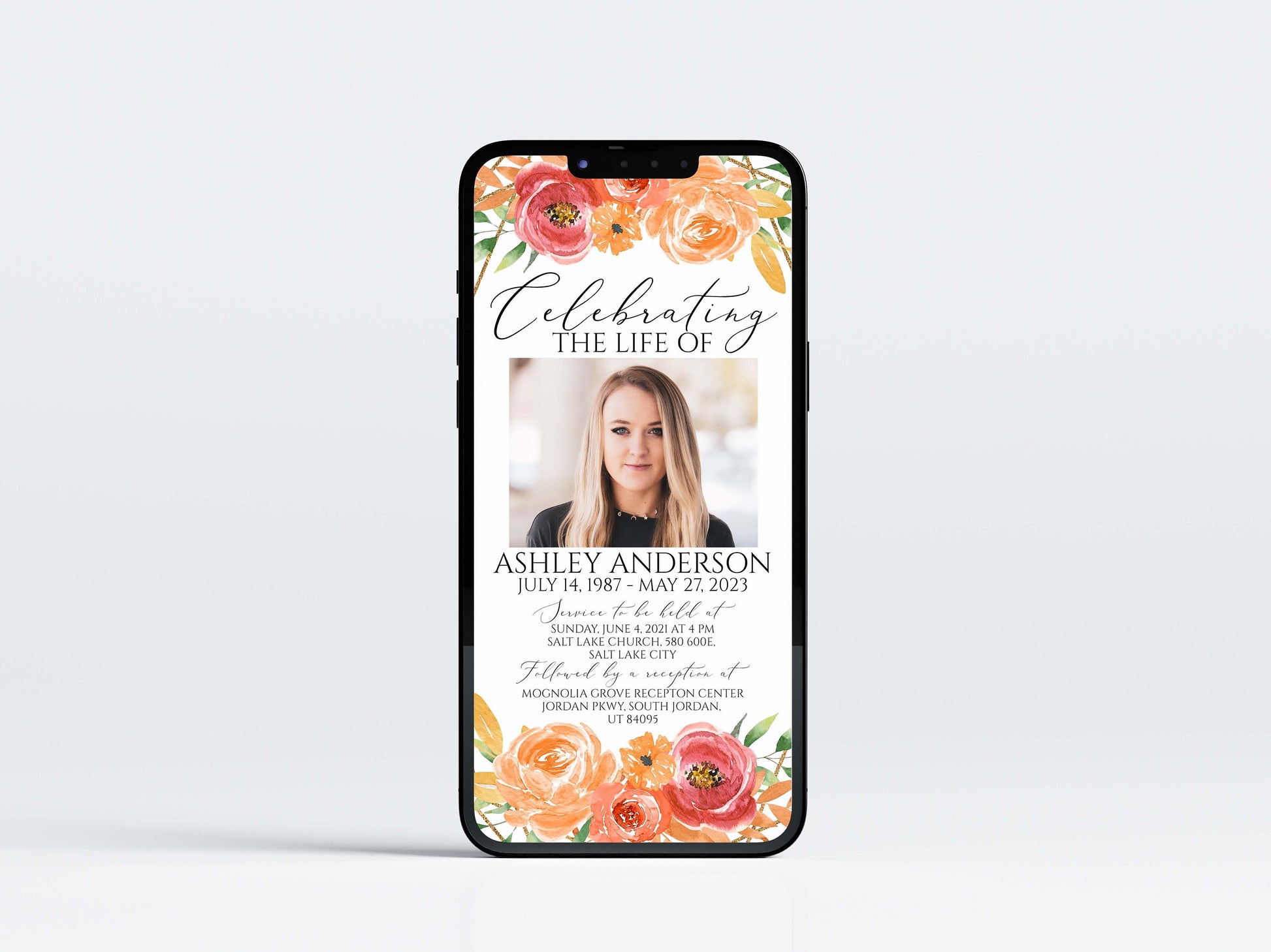 Celebration of life White Pink Roses Digital Funeral Invitation Template, Autumn Memorial Evite, Fall Electronic Funeral Invite, Orange Memorial Invitation