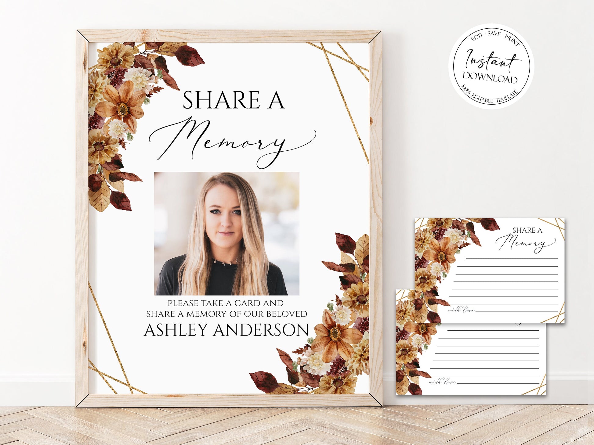 Orange Brown Dried Leaves Fall Share a Memory Funeral Sign Share a Memory Card Template, Fall Funeral Memory Card, Editable Autumn Funeral share a memory template