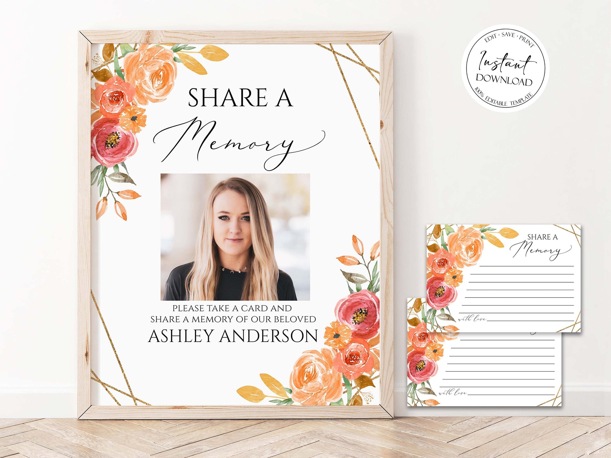 Orange Floral Gold Fall Share a Memory Funeral Sign and Share a Memory Card Template, Fall Funeral Memory Card,  Autumn Funeral share a memory Fall Funeral 