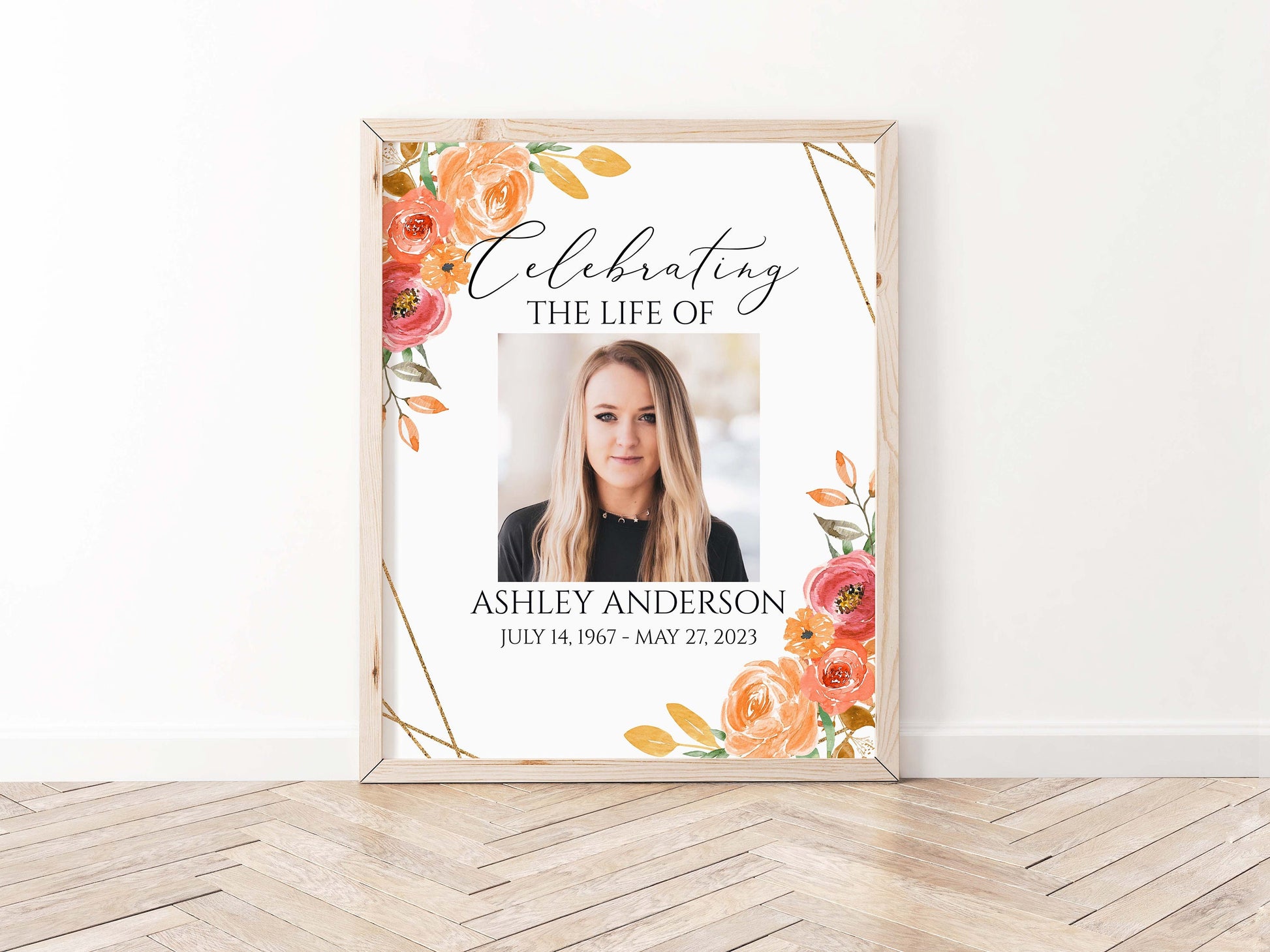 Celebration Of Life Orange Floral Gold Fall Funeral Welcome Sign Template, Fall Funeral Welcome Sign, Orange Fall Memorial Sign, Autumn Funeral Welcome Sign