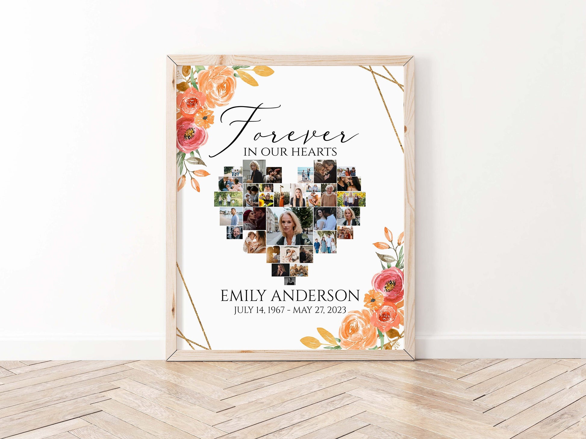 Forever in our Heart Orange Floral Gold Fall Heart Photo Collage Funeral Welcome Sign Template, Autumn Orange Forever in our Hearts Memory Sign