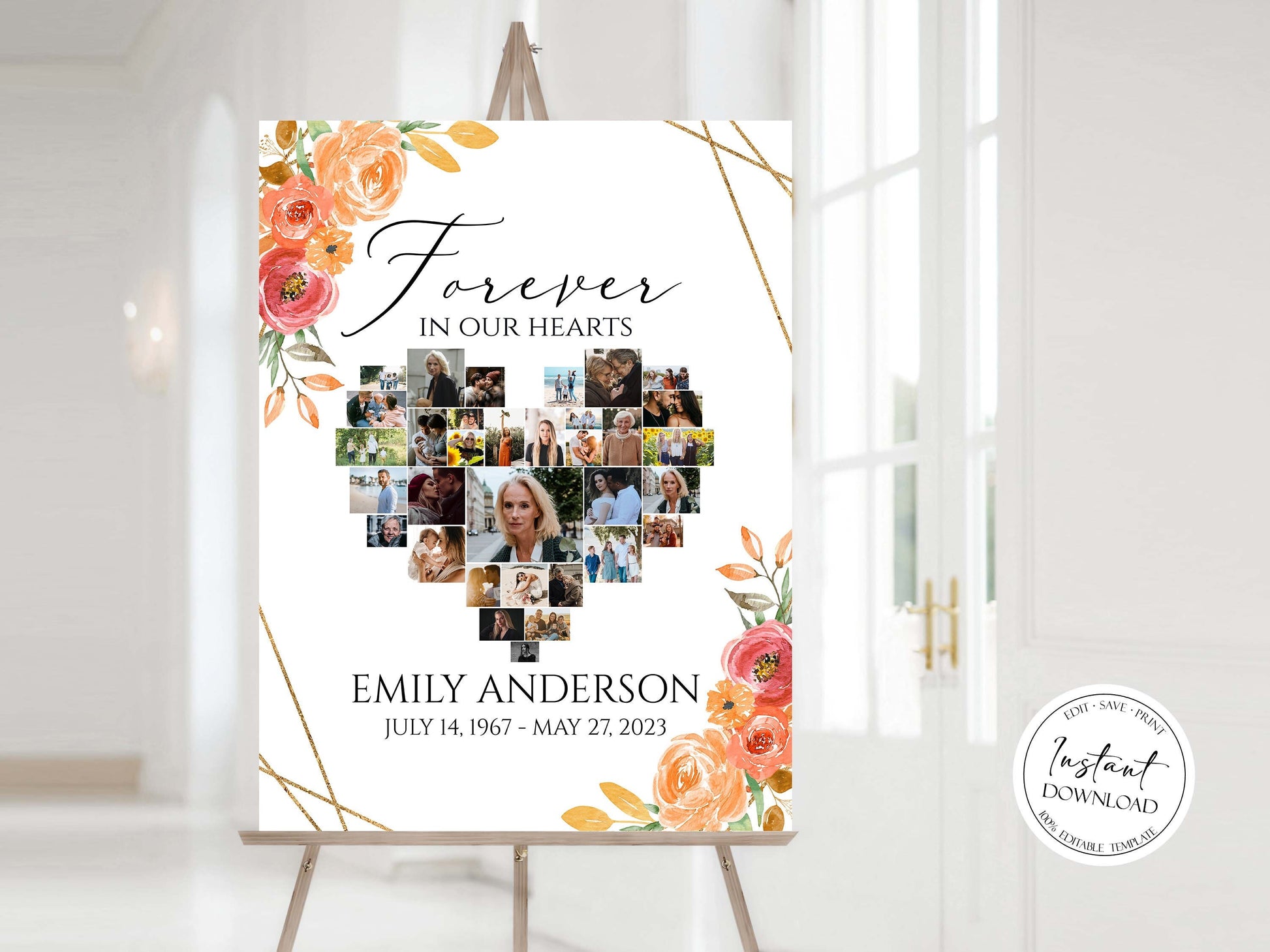 Forever in our Heart Orange Floral Gold Fall Heart Photo Collage Funeral Welcome Sign Template, Autumn Orange Forever in our Hearts Memory Sign