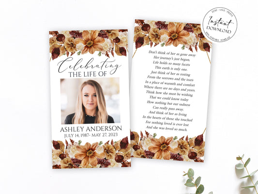 Celebration Of Life Orange Brown Dried Leaves Fall Funeral Prayer Card Template F3