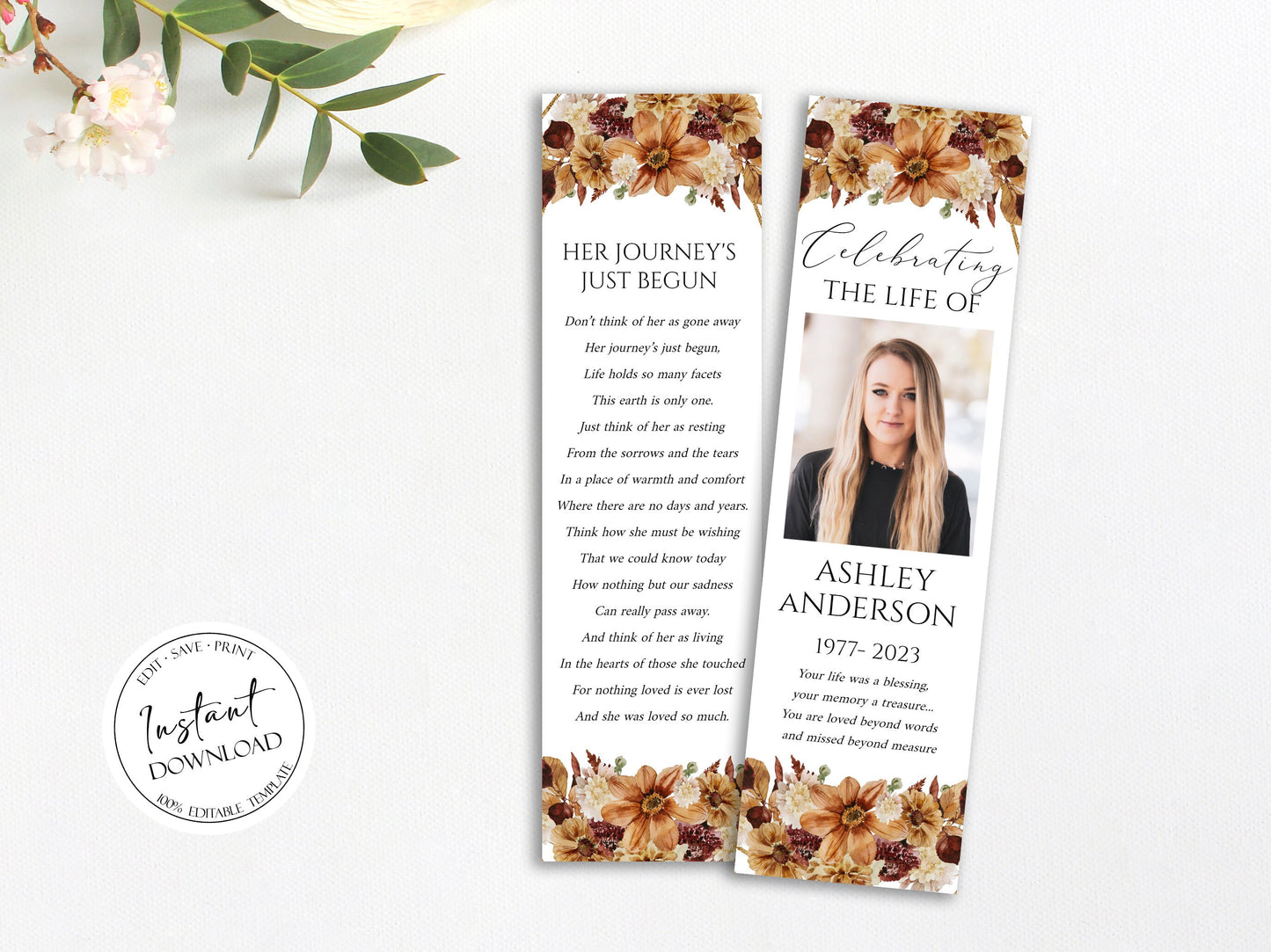 Celebration of Life Orange Brown Dried Leaves Fall Funeral Bookmark Template, Autumn Funeral Keepsake Cards, Dried Leaves Memorial Bookmark