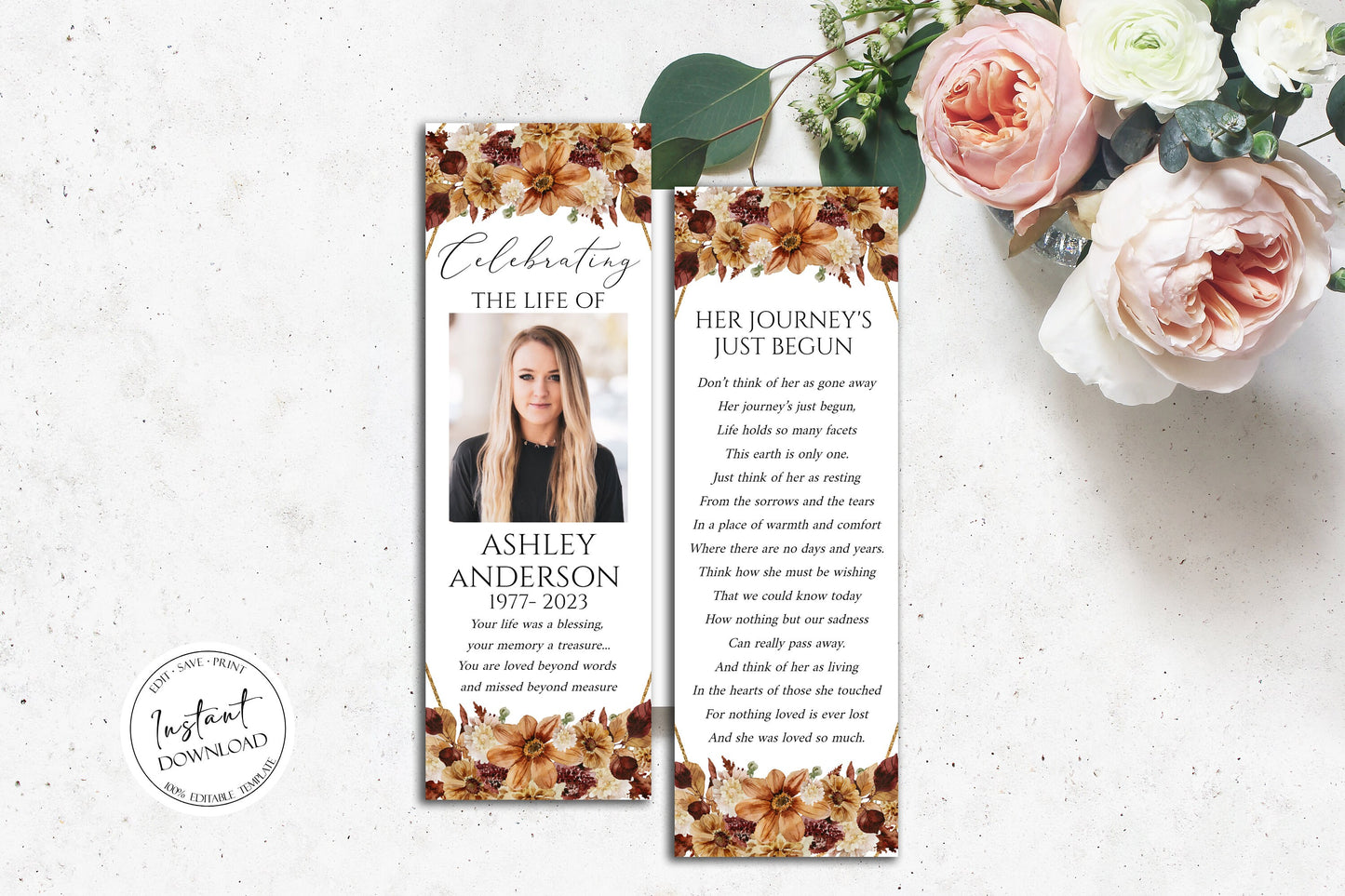 Celebration of Life Orange Brown Dried Leaves Fall Funeral Bookmark Template, Autumn Funeral Keepsake Cards, Dried Leaves Memorial Bookmark