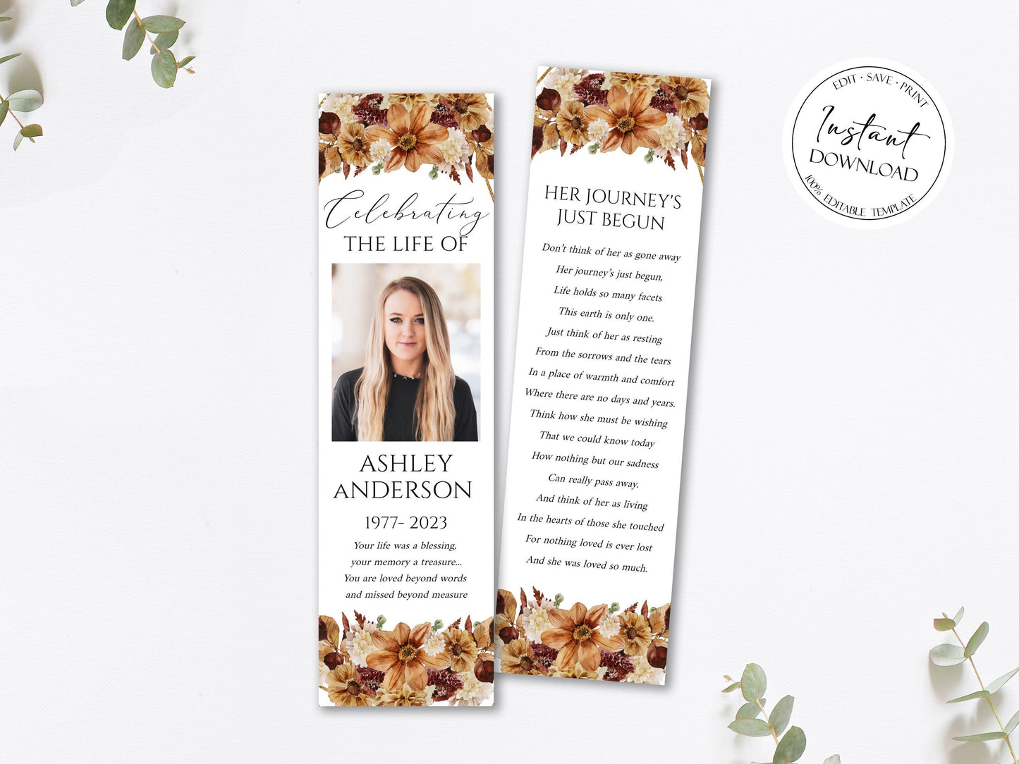 Celebration of Life Orange Brown Dried Leaves Fall Funeral Bookmark Template, Autumn Funeral Keepsake Cards, Dried Leaves Memorial Bookmark