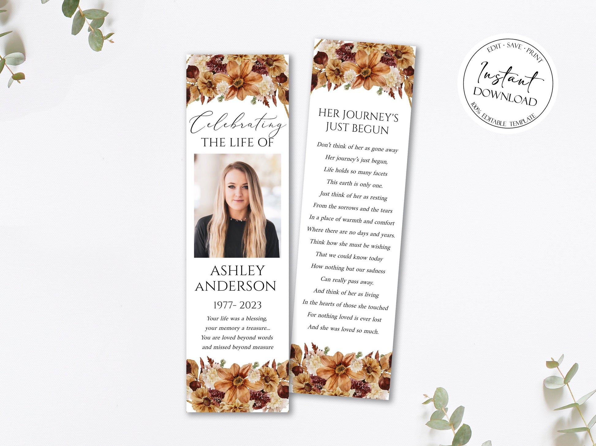 Celebration of Life Orange Brown Dried Leaves Fall Funeral Bookmark Template, Autumn Funeral Keepsake Cards, Dried Leaves Memorial Bookmark