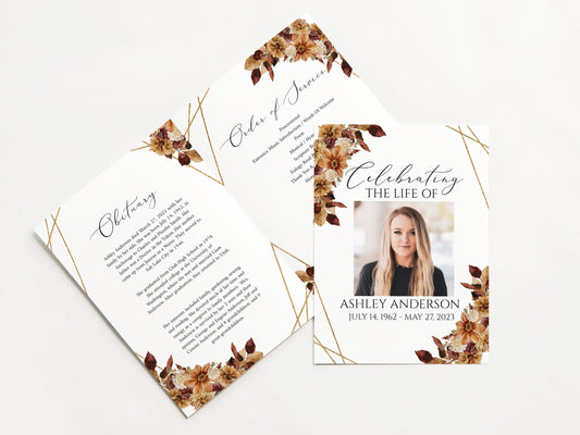 Celebration of life Orange Brown Dried Leaves Fall Funeral Program Template F3