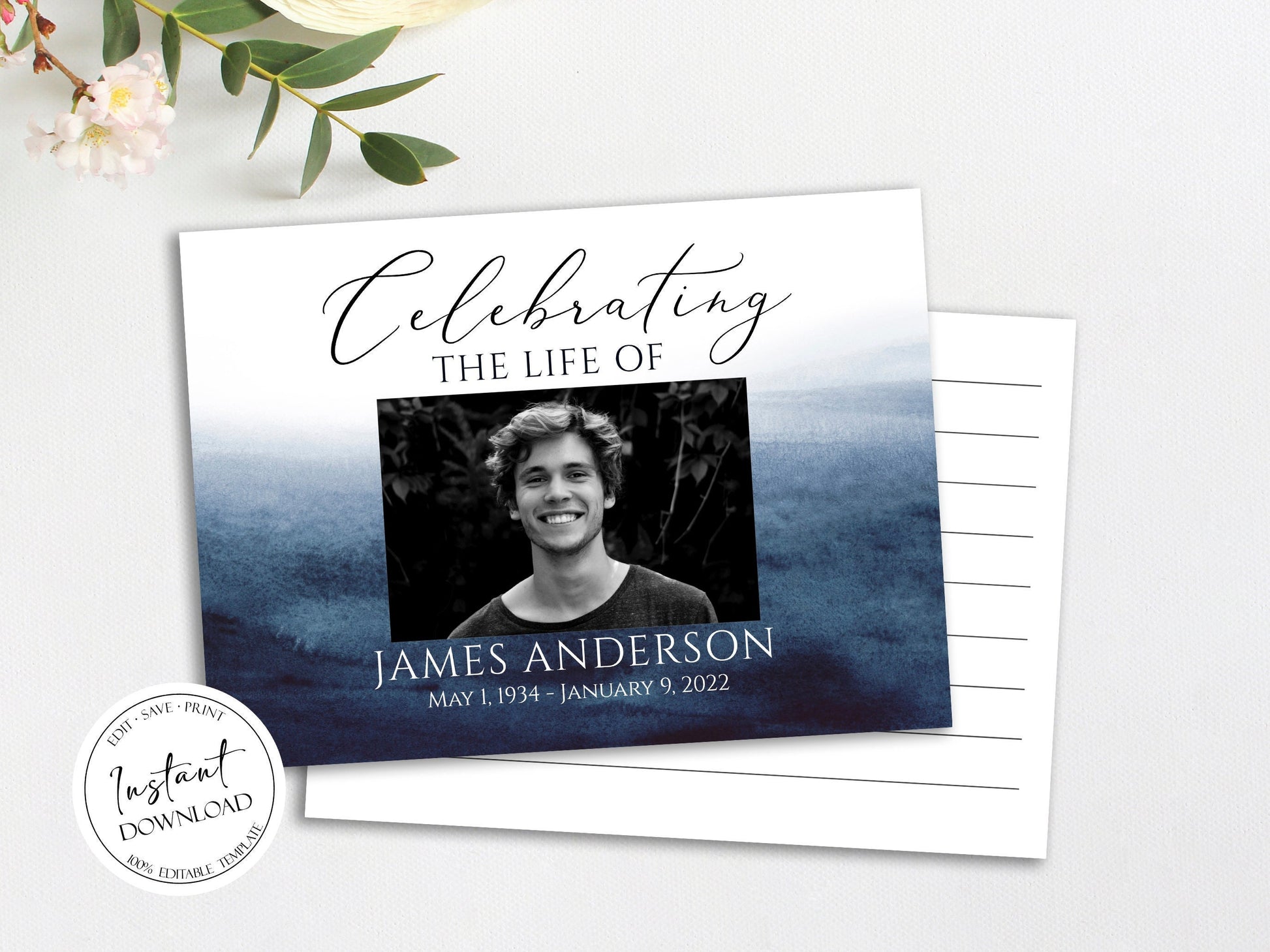 Celebration of life Blue Watercolor Funeral Guest Book Template, Printable Ocean Watercolor Remembrance Memorial Guest Book Condolence Book, Instant Download