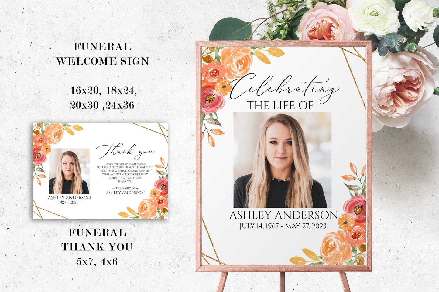 Celebration of Life Orange Floral Gold Fall Funeral Bundle Set, Autumn Memorial Package, Celebration of Life Package, Orange In Loving Memory Suite, Fall Funeral Set