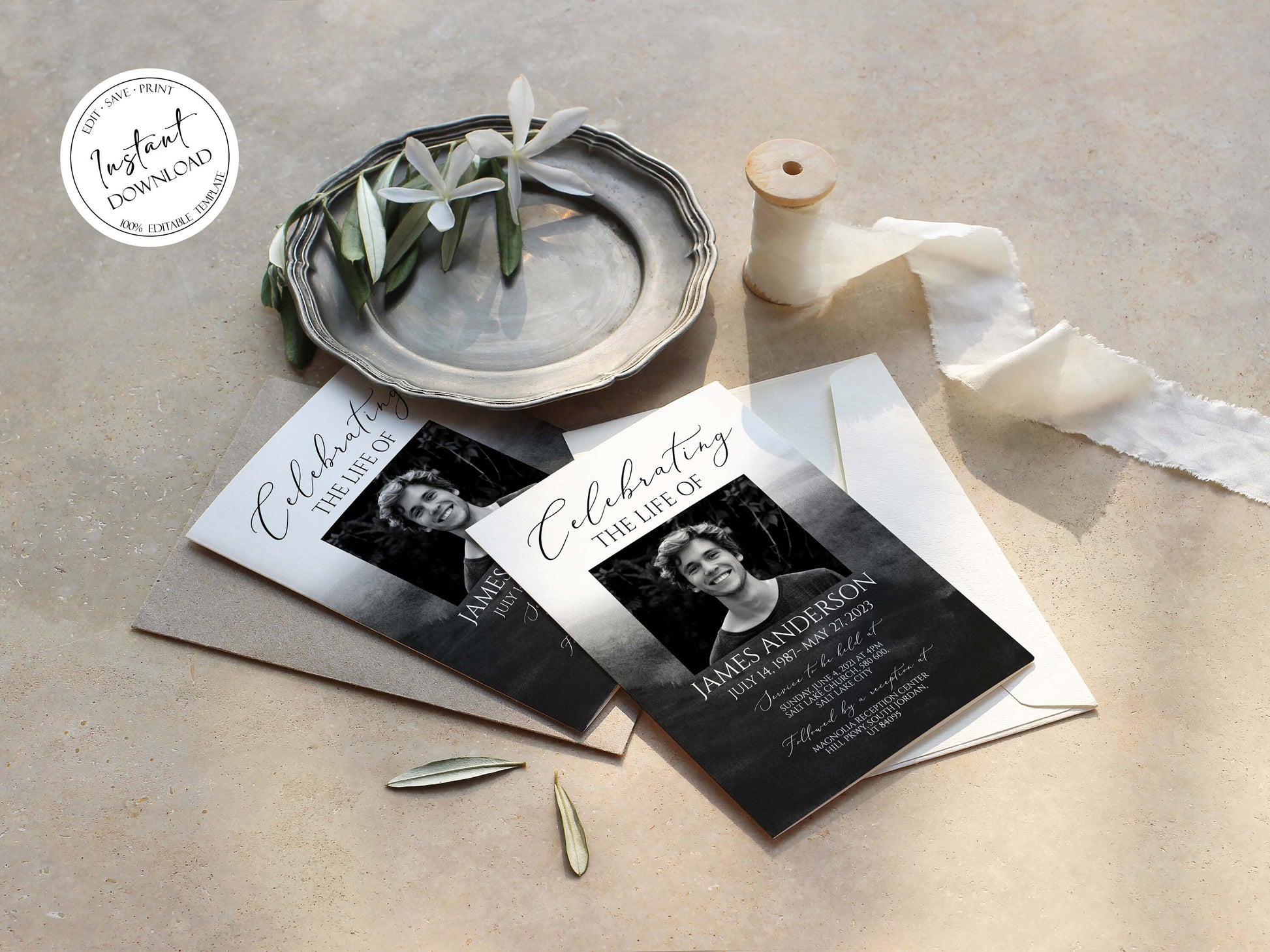 Celebration of life Black Watercolor Funeral Invitation Template, Funeral Announcement for men, Printable Black Watercolor Memorial Service Invitation B6