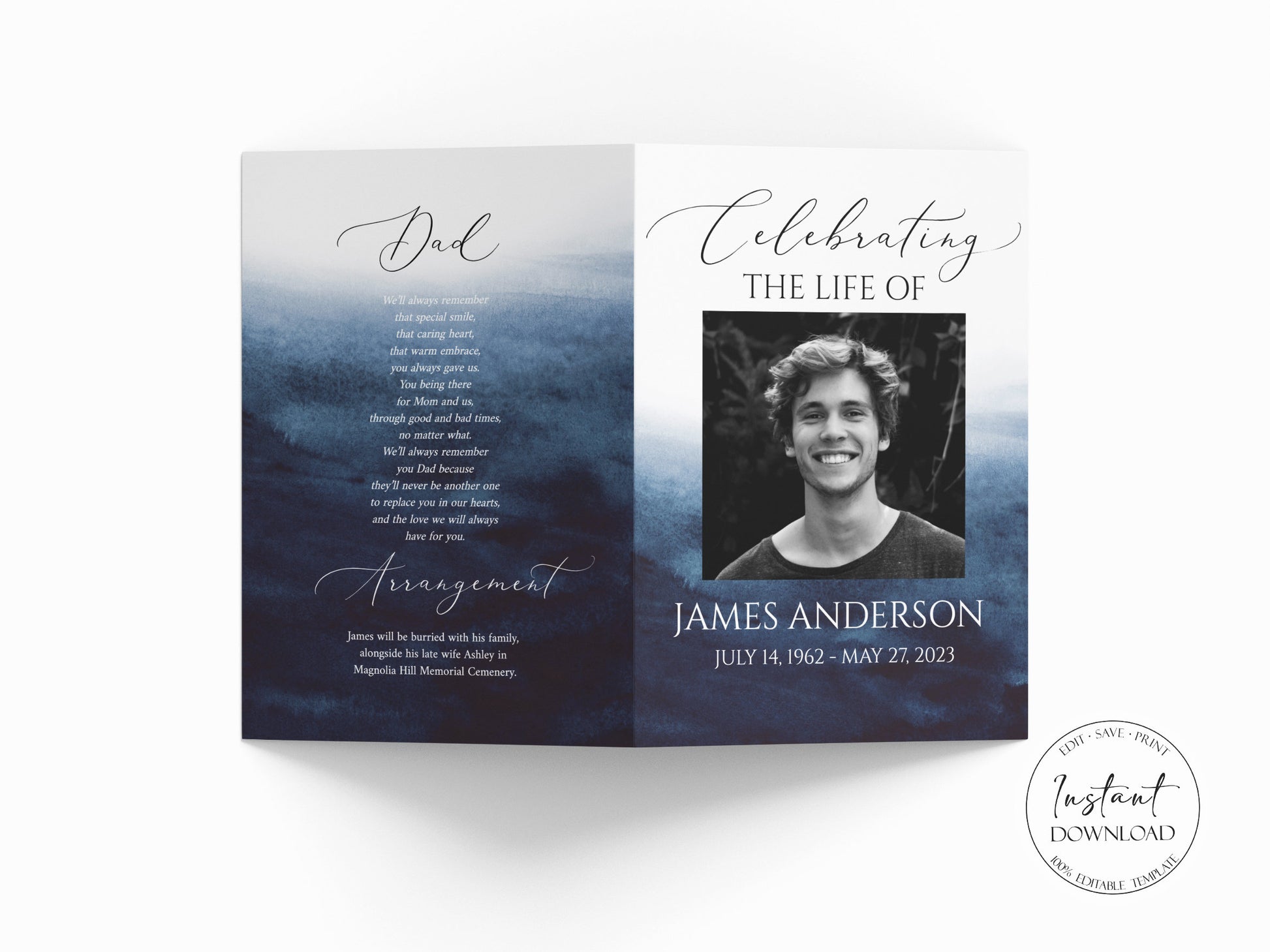 8 Page Funeral Program Template, Celebration of Life Program, Blue Watercolor Ocean Funeral Memorial Program, Blue Obituary Program Template