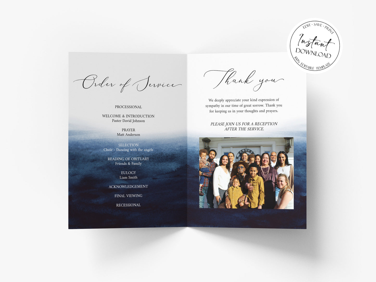 8 Page Funeral Program Template, Celebration of Life Program, Blue Watercolor Ocean Funeral Memorial Program, Blue Obituary Program Template