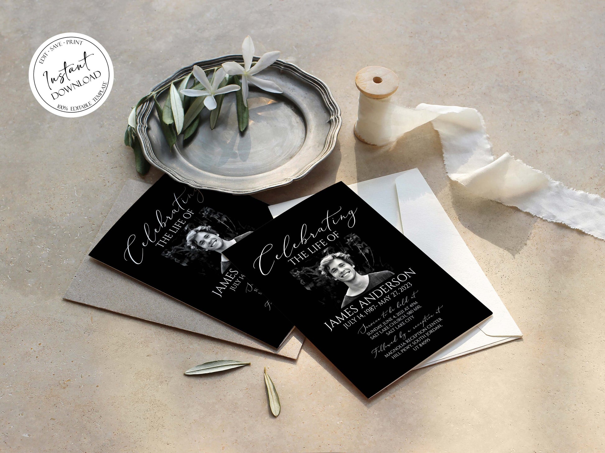 Celebration of life Minimalist Elegant Black Funeral Invitation Template, Editable Black Funeral Announcement, Printable Black Memorial invitation B7