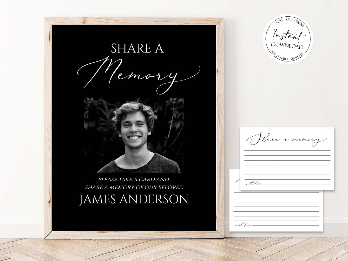 Minimalist Elegant Black Share a Memory Funeral Sign and Share a Memory Card Template, Black Funeral Memory Cards Editable Black Funeral Share a Memory B7