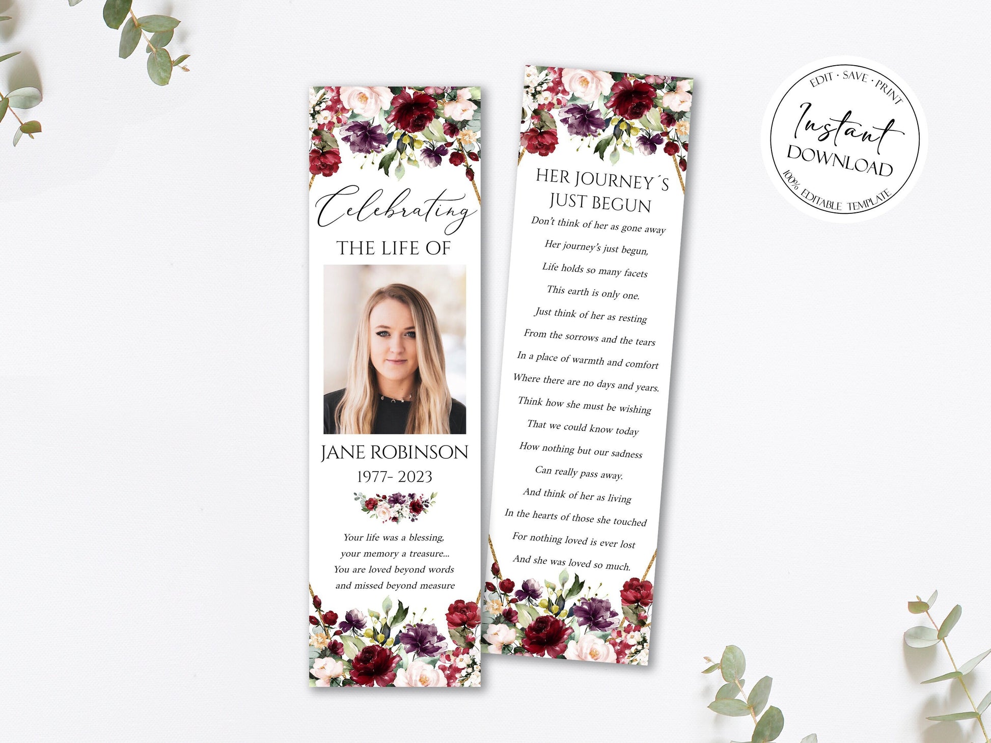 Red Roses Funeral Bookmark Template, Red Roses Funeral Keepsake Cards, Red Roses Memorial Bookmark, Obituary Bookmark, Keepsake Cards R1